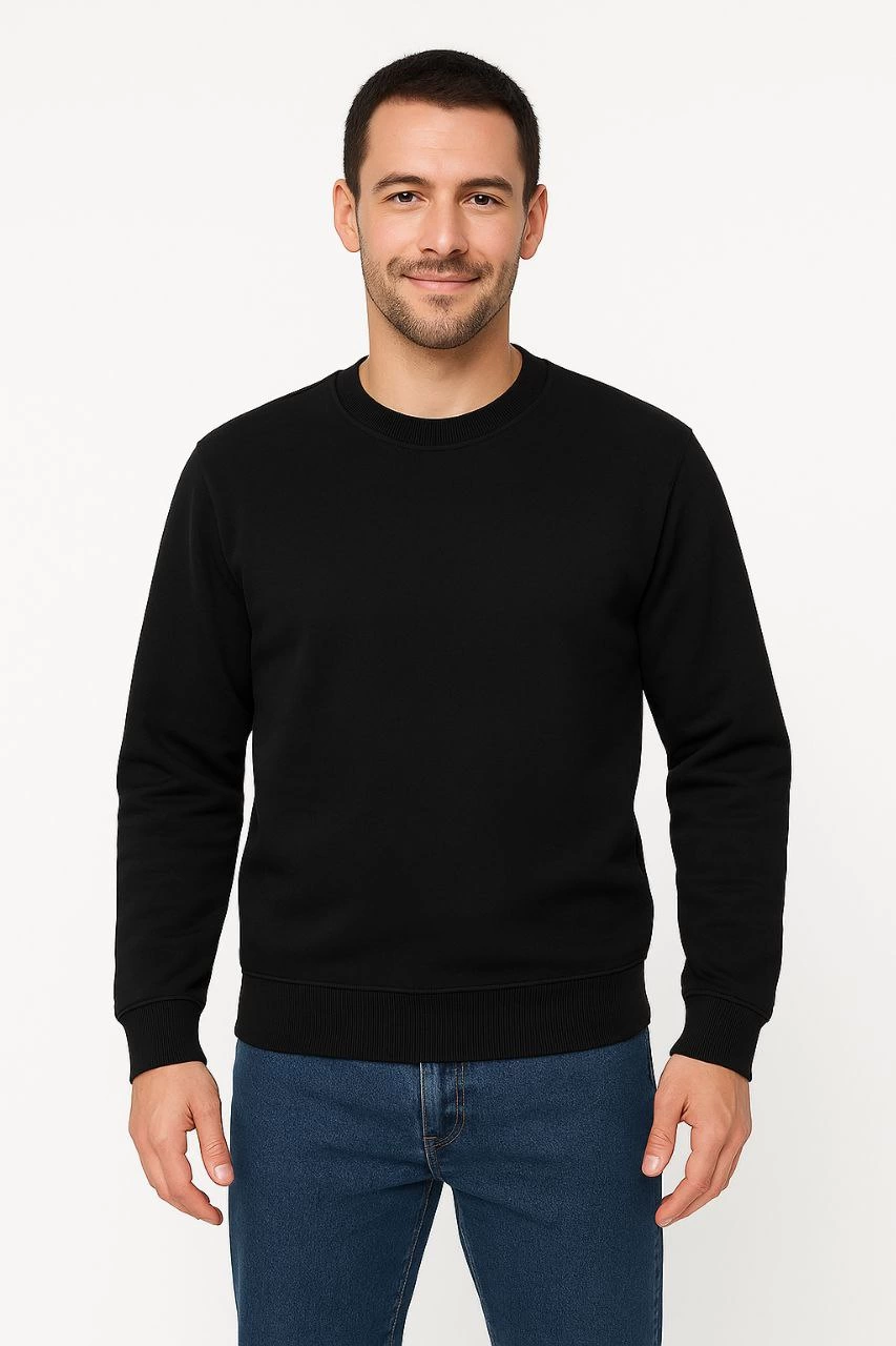 Üç İplik Düz Bisiklet Yaka SweatShirt - Siyah -