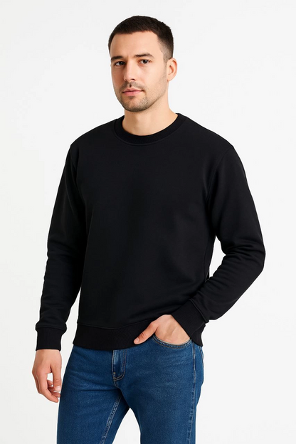 Üç İplik Düz Bisiklet Yaka SweatShirt - Siyah -