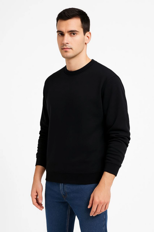 Üç İplik Düz Bisiklet Yaka SweatShirt - Siyah -