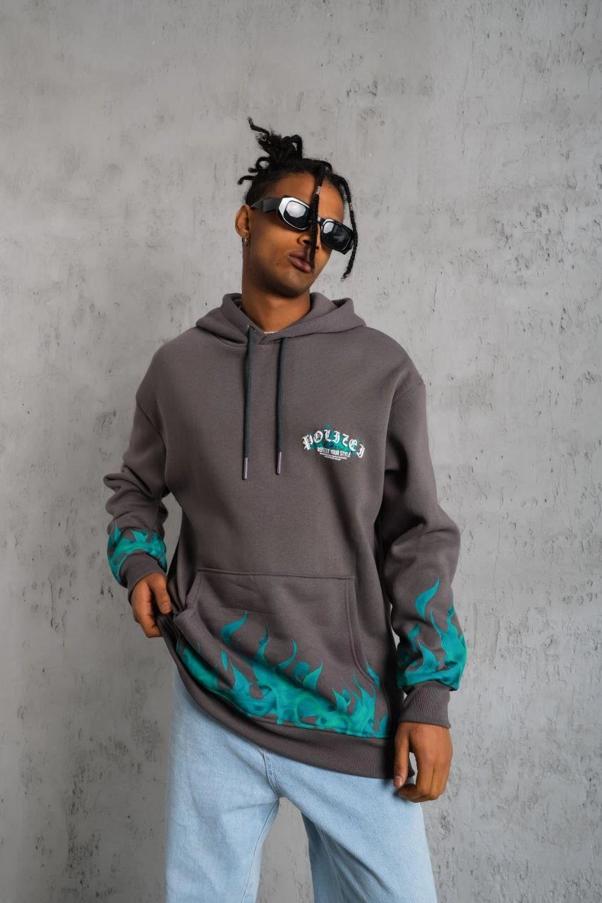 Üç İplik İçi Pamuklu Alev Baskılı Kapüşonlu Sweatshirt - Gri