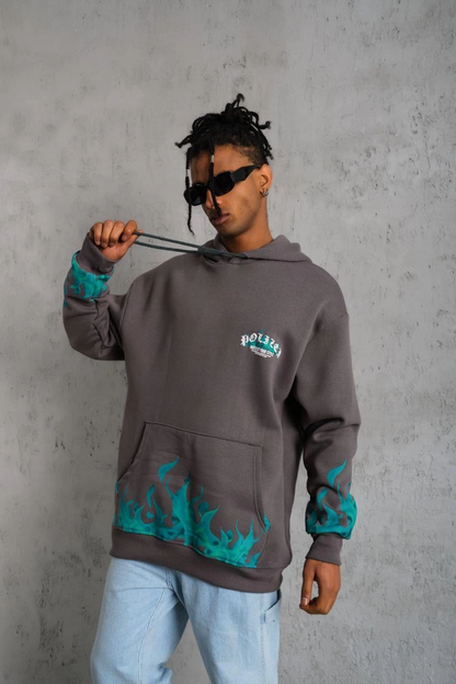 Üç İplik İçi Pamuklu Alev Baskılı Kapüşonlu Sweatshirt - Gri