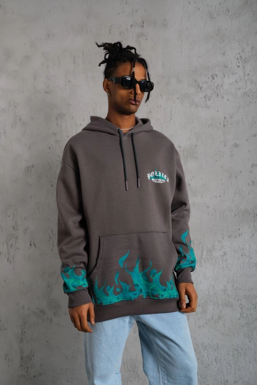 Üç İplik İçi Pamuklu Alev Baskılı Kapüşonlu Sweatshirt - Gri