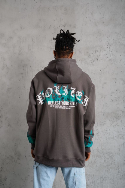 Üç İplik İçi Pamuklu Alev Baskılı Kapüşonlu Sweatshirt - Gri
