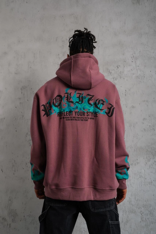 Üç İplik içi Pamuklu Alev Baskılı Kapüşonlu Sweatshirt - Gül Kurusu