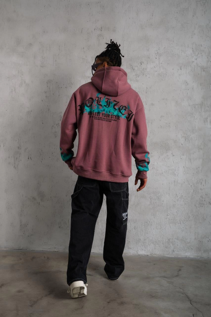 Üç İplik içi Pamuklu Alev Baskılı Kapüşonlu Sweatshirt - Gül Kurusu