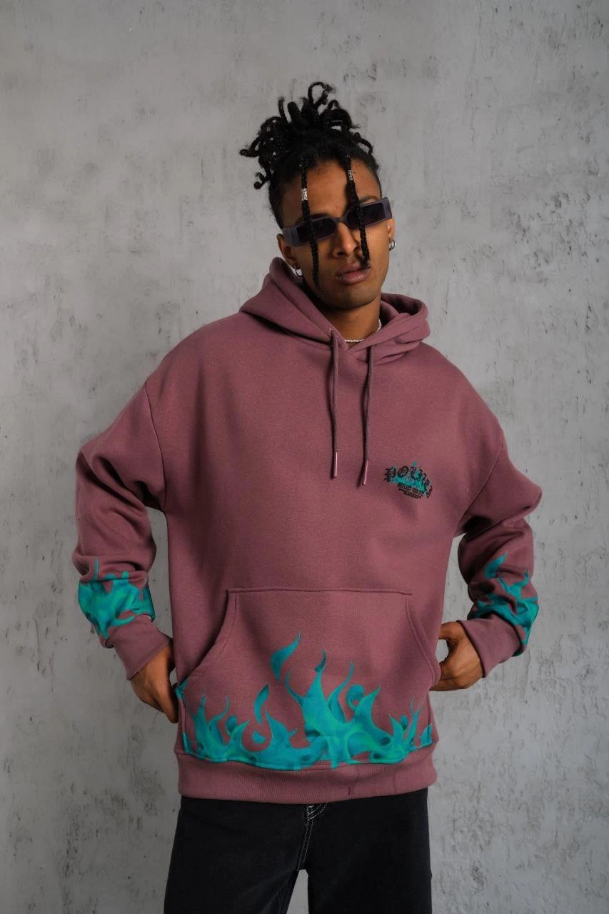 Üç İplik içi Pamuklu Alev Baskılı Kapüşonlu Sweatshirt - Gül Kurusu