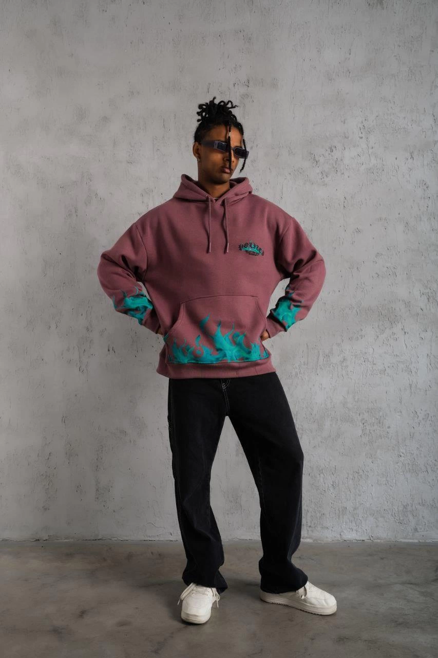 Üç İplik içi Pamuklu Alev Baskılı Kapüşonlu Sweatshirt - Gül Kurusu
