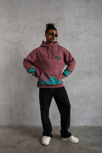 Üç İplik içi Pamuklu Alev Baskılı Kapüşonlu Sweatshirt - Gül Kurusu