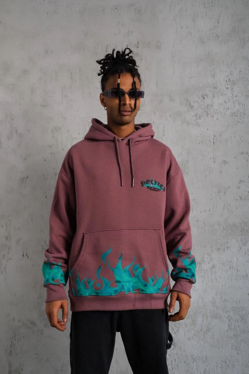 Üç İplik içi Pamuklu Alev Baskılı Kapüşonlu Sweatshirt - Gül Kurusu