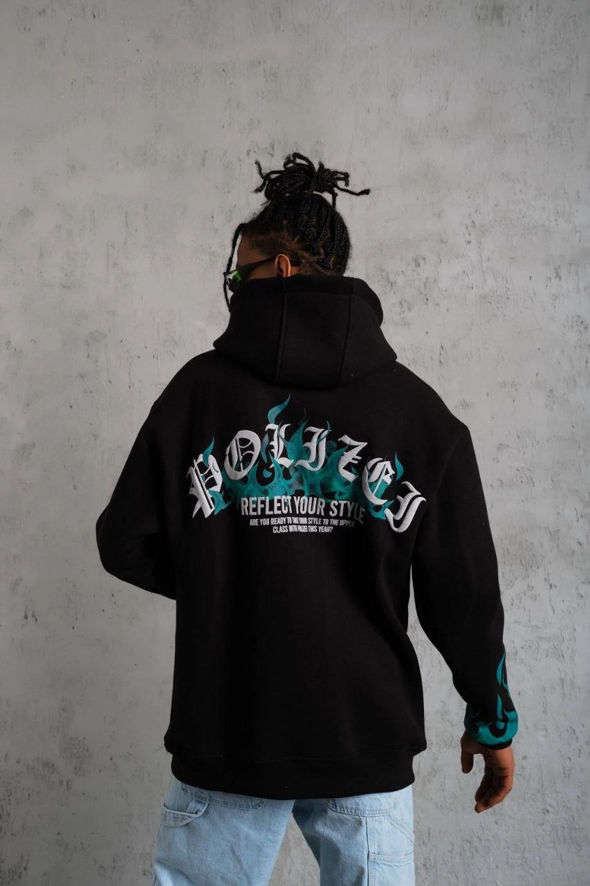 Üç İplik İçi Pamuklu Alev Baskılı Kapüşonlu Sweatshirt - Siyah