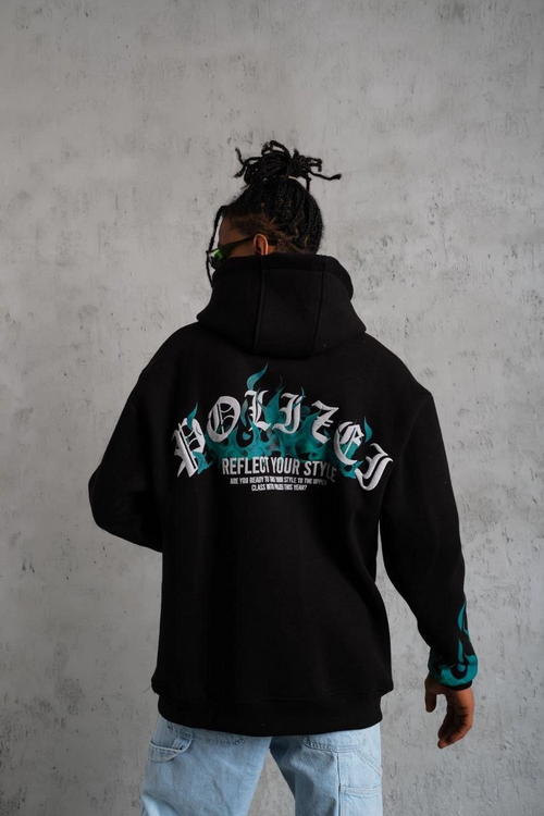 Üç İplik İçi Pamuklu Alev Baskılı Kapüşonlu Sweatshirt - Siyah