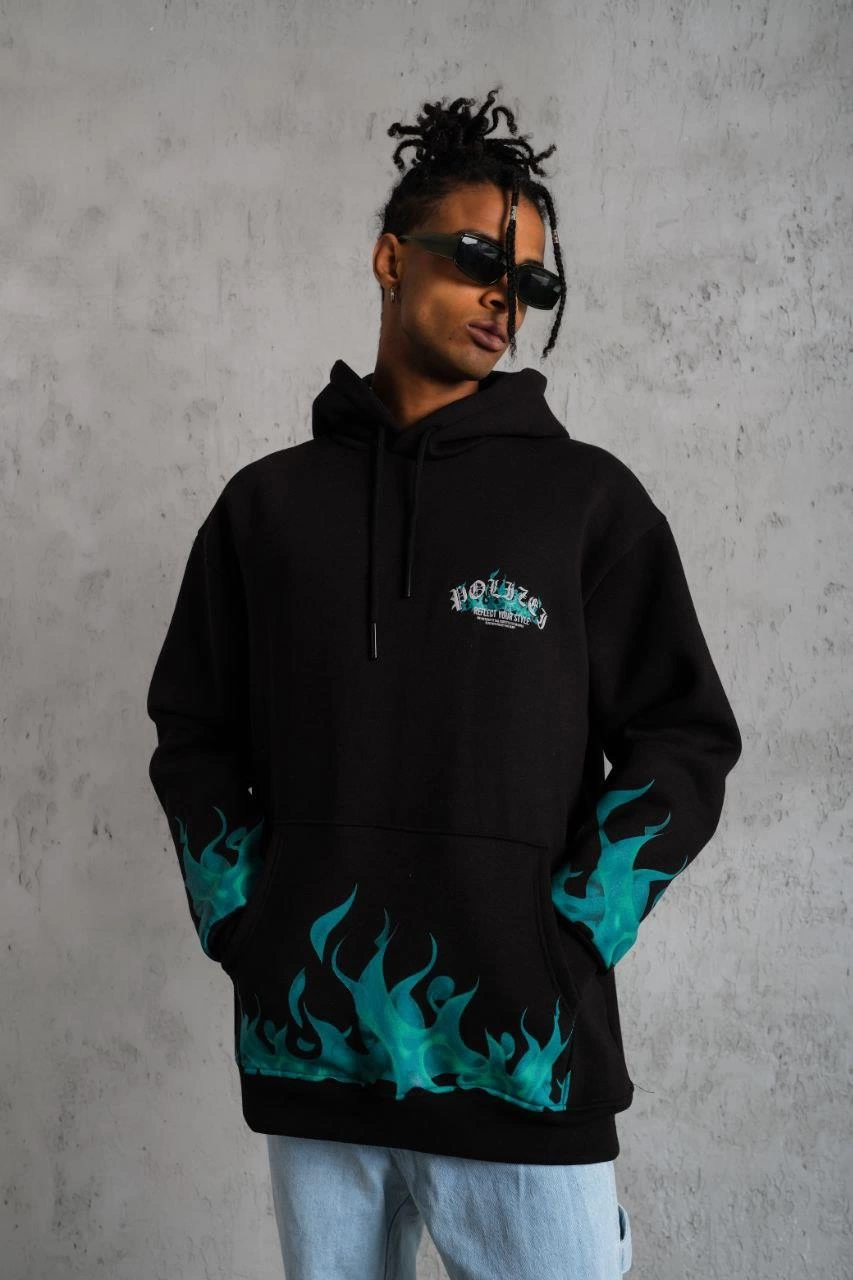 Üç İplik İçi Pamuklu Alev Baskılı Kapüşonlu Sweatshirt - Siyah