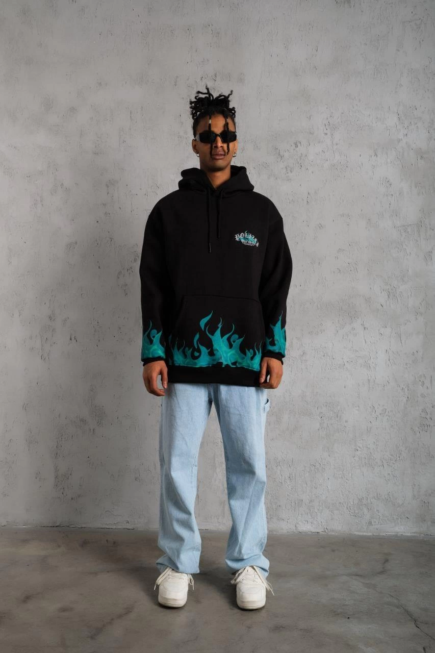Üç İplik İçi Pamuklu Alev Baskılı Kapüşonlu Sweatshirt - Siyah