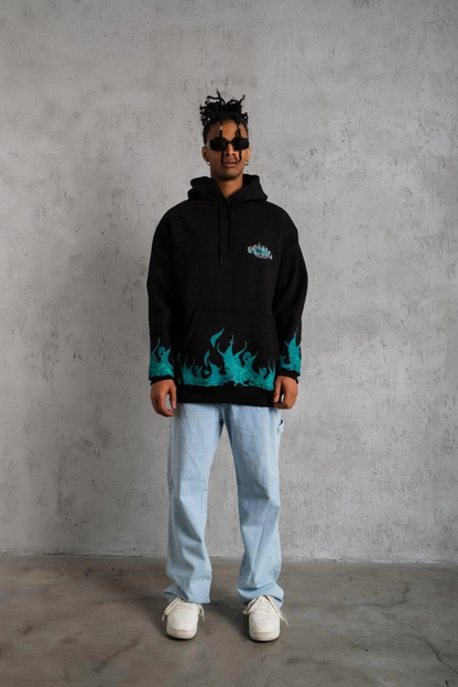 Üç İplik İçi Pamuklu Alev Baskılı Kapüşonlu Sweatshirt - Siyah