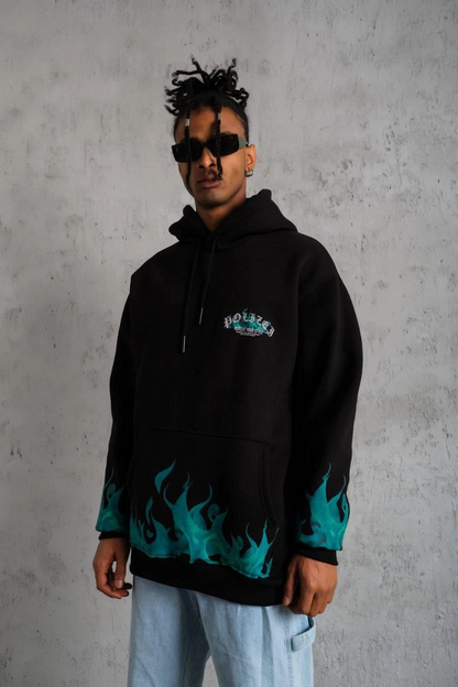 Üç İplik İçi Pamuklu Alev Baskılı Kapüşonlu Sweatshirt - Siyah