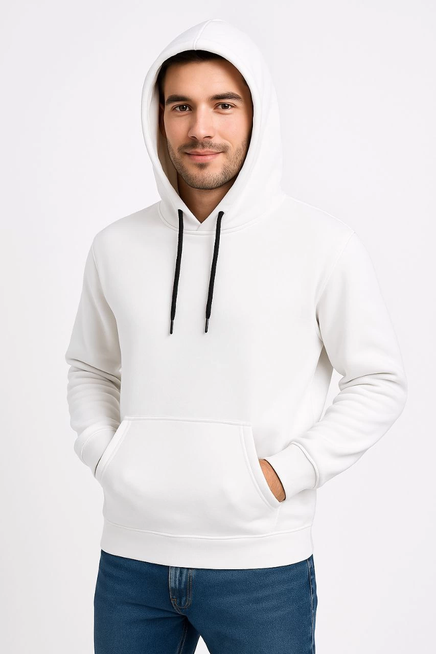 Üç İplik Kapüşonlu Kanguru Cepli SweatShirt hoodie - Beyaz -