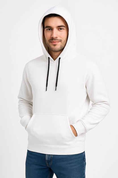 Üç İplik Kapüşonlu Kanguru Cepli SweatShirt hoodie - Beyaz -
