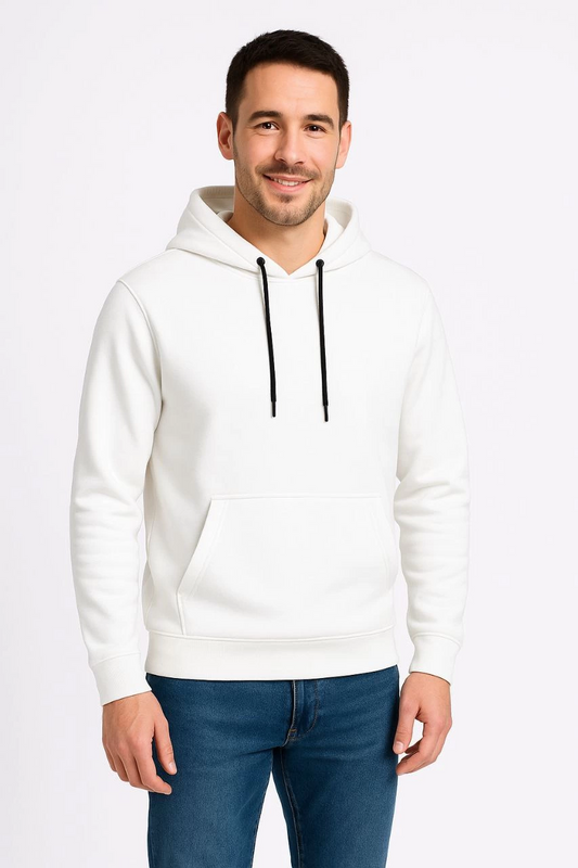 Üç İplik Kapüşonlu Kanguru Cepli SweatShirt hoodie - Beyaz -