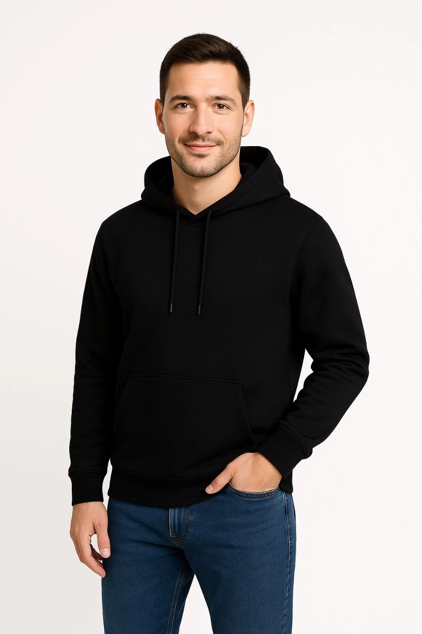 Üç İplik Kapüşonlu Kanguru Cepli SweatShirt hoodie - Siyah -