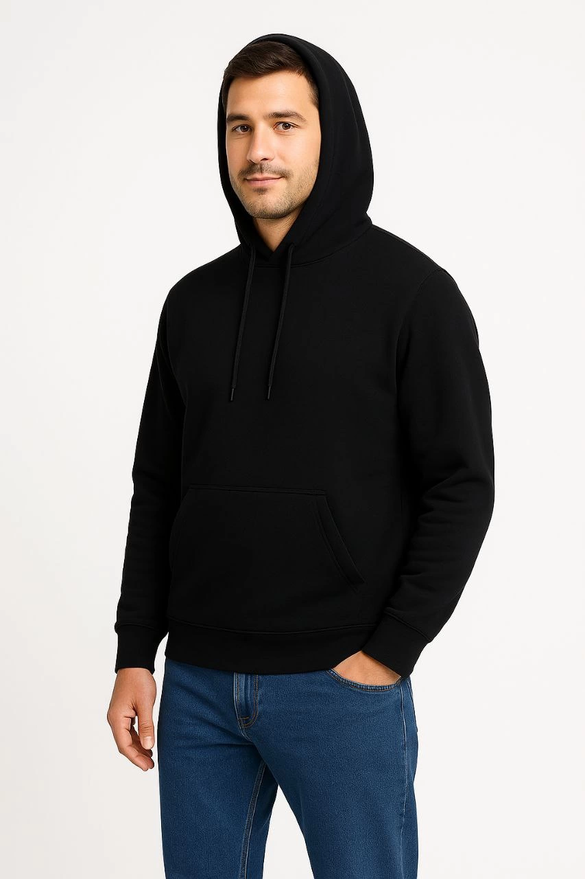 Üç İplik Kapüşonlu Kanguru Cepli SweatShirt hoodie - Siyah -