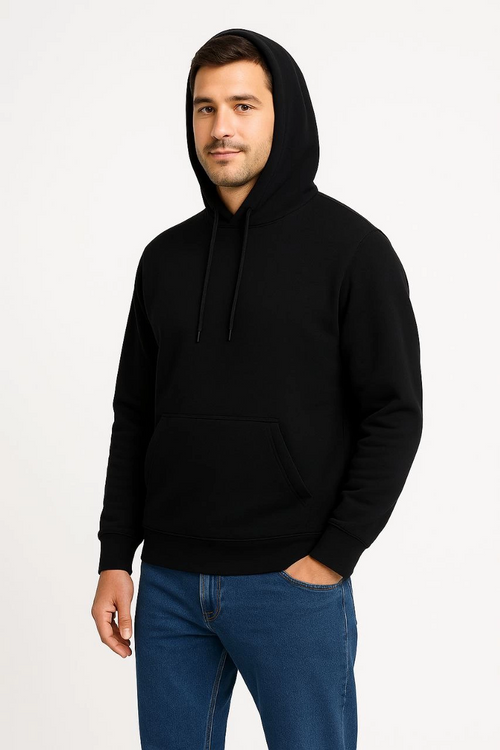 Üç İplik Kapüşonlu Kanguru Cepli SweatShirt hoodie - Siyah -
