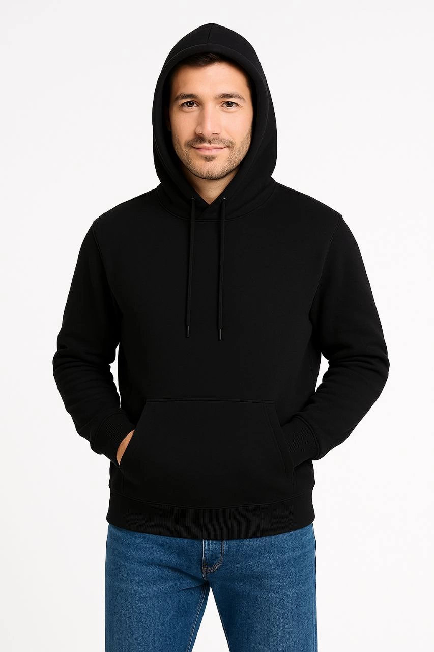 Üç İplik Kapüşonlu Kanguru Cepli SweatShirt hoodie - Siyah -