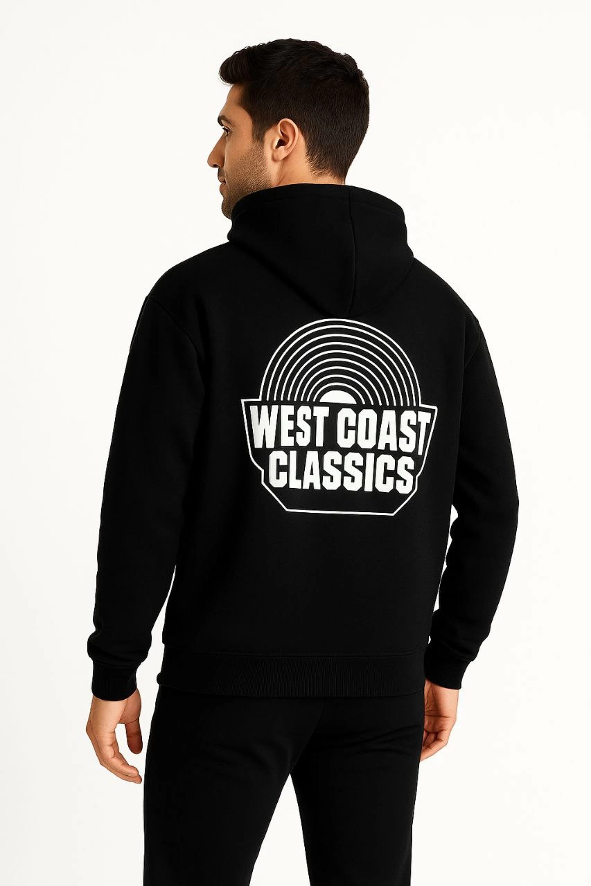 Kapşonlu Sweatshirt - 'West Coast Classics' Ön  Arka Baskılı,- Siyah -