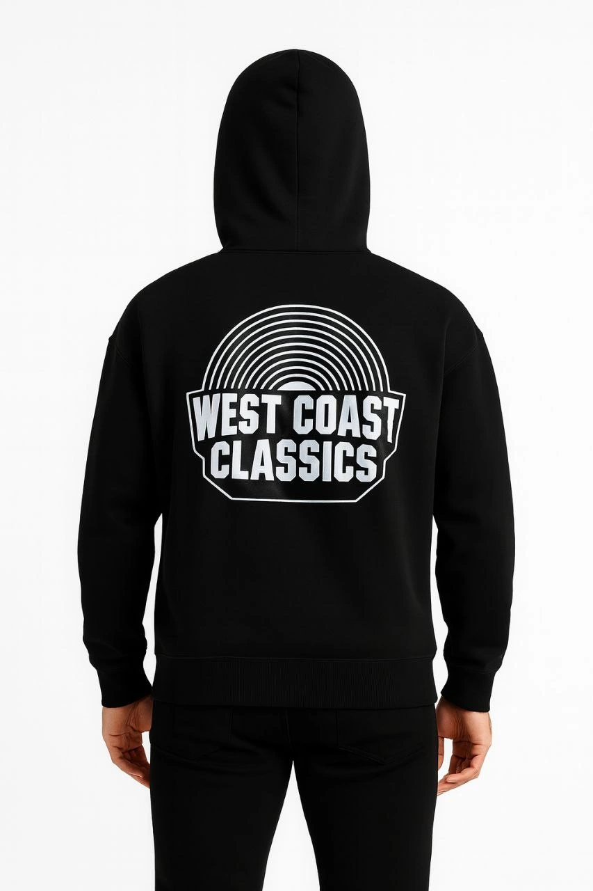 Kapşonlu Sweatshirt - 'West Coast Classics' Ön  Arka Baskılı,- Siyah -
