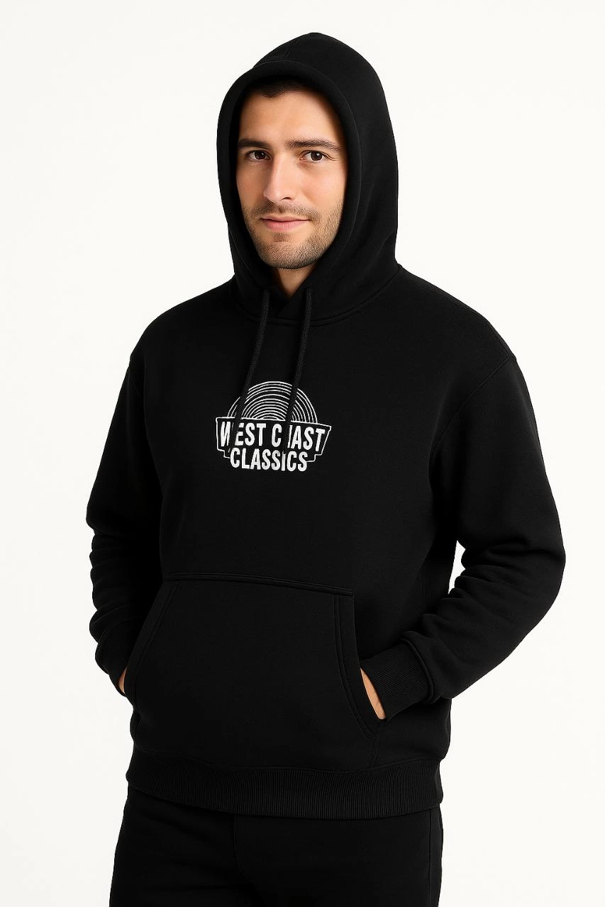 Kapşonlu Sweatshirt - 'West Coast Classics' Ön  Arka Baskılı,- Siyah -