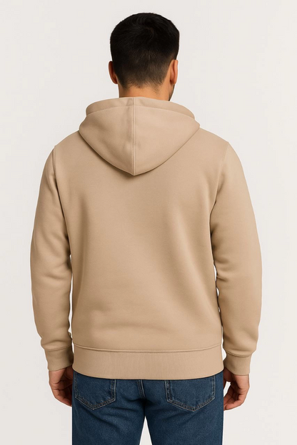 Üç İplik Kapüşonlu Tam Fermuarlı Kanguru Çepli SweatShirt Hoodie - Bej -