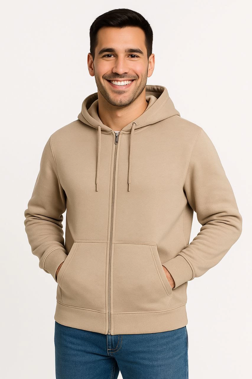 Üç İplik Kapüşonlu Tam Fermuarlı Kanguru Çepli SweatShirt Hoodie - Bej -