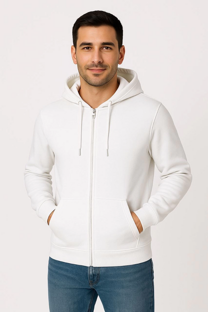Üç İplik Kapüşonlu Tam Fermuarlı Kanguru Cepli SweatShirt Hoodie - Beyaz -