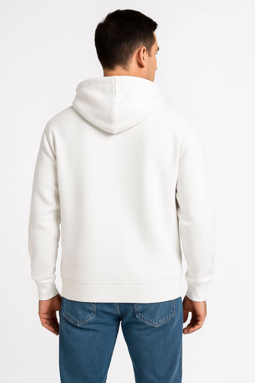 Üç İplik Kapüşonlu Tam Fermuarlı Kanguru Cepli SweatShirt Hoodie - Beyaz -