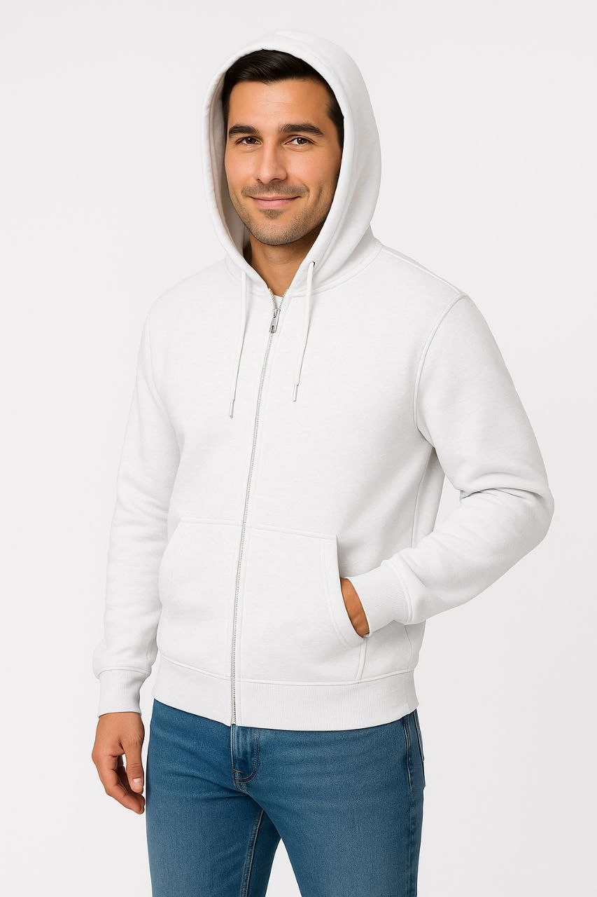 Üç İplik Kapüşonlu Tam Fermuarlı Kanguru Cepli SweatShirt Hoodie - Beyaz -
