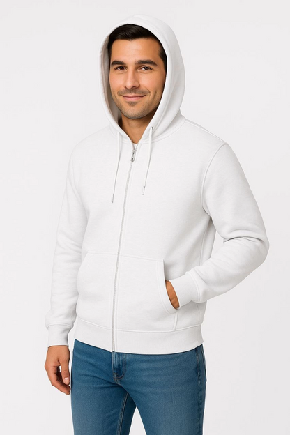 Üç İplik Kapüşonlu Tam Fermuarlı Kanguru Cepli SweatShirt Hoodie - Beyaz -