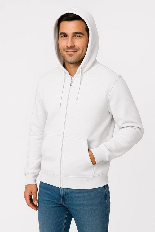 Üç İplik Kapüşonlu Tam Fermuarlı Kanguru Cepli SweatShirt Hoodie - Beyaz -