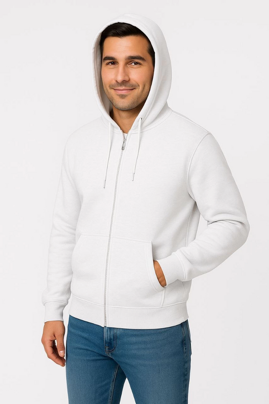 Üç İplik Kapüşonlu Tam Fermuarlı Kanguru Cepli SweatShirt Hoodie - Beyaz -