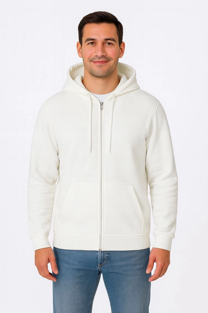 Üç İplik Kapüşonlu Tam Fermuarlı Kanguru Cepli SweatShirt Hoodie - Beyaz -