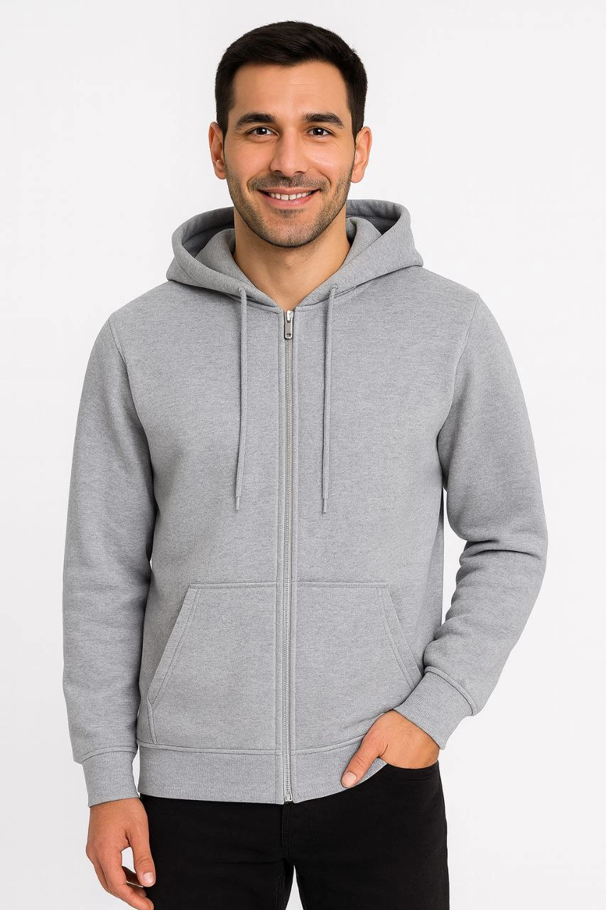 Üç İplik Kapüşonlu Tam Fermuarlı Kanguru Çepli SweatShirt Hoodie - Gri -