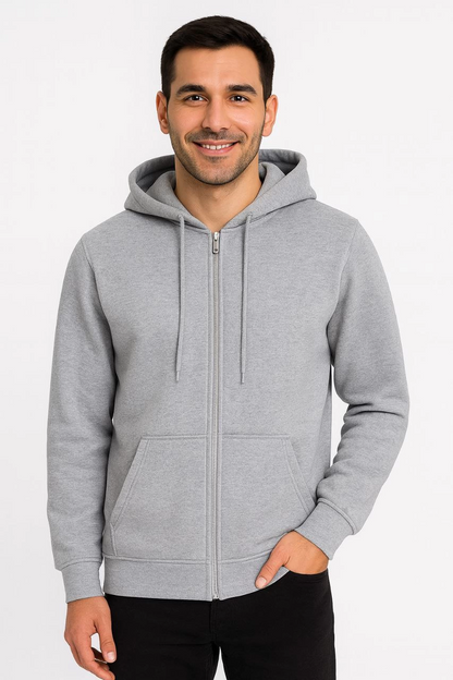 Üç İplik Kapüşonlu Tam Fermuarlı Kanguru Çepli SweatShirt Hoodie - Gri -