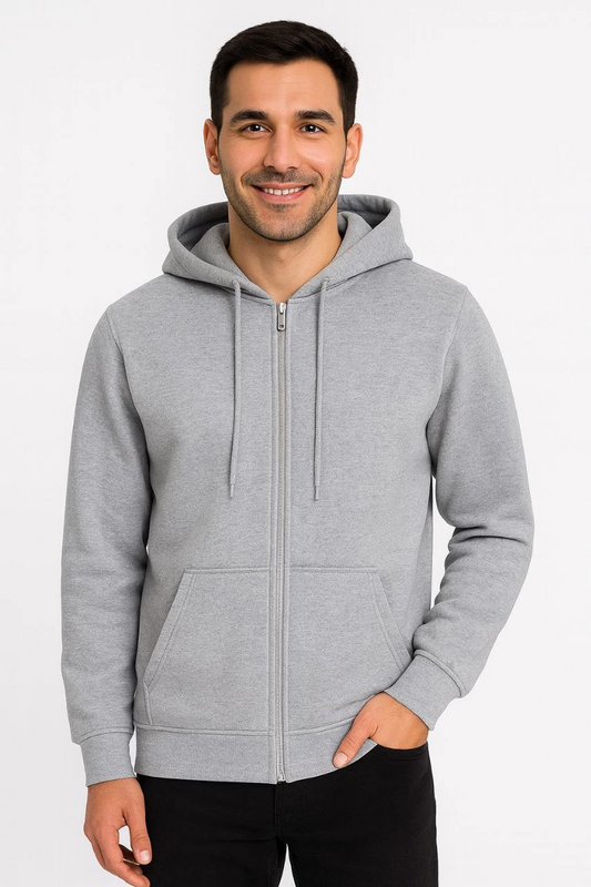 Üç İplik Kapüşonlu Tam Fermuarlı Kanguru Çepli SweatShirt Hoodie - Gri -