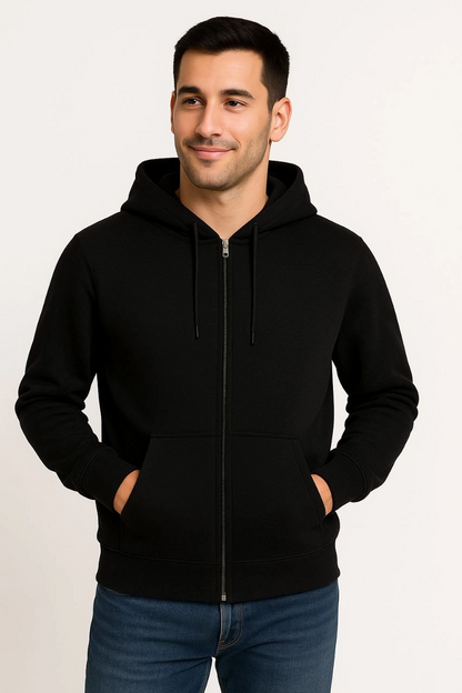 Üç İplik Kapüşonlu Tam Fermuarlı Kanguru Çepli SweatShirt Hoodie - Siyah -