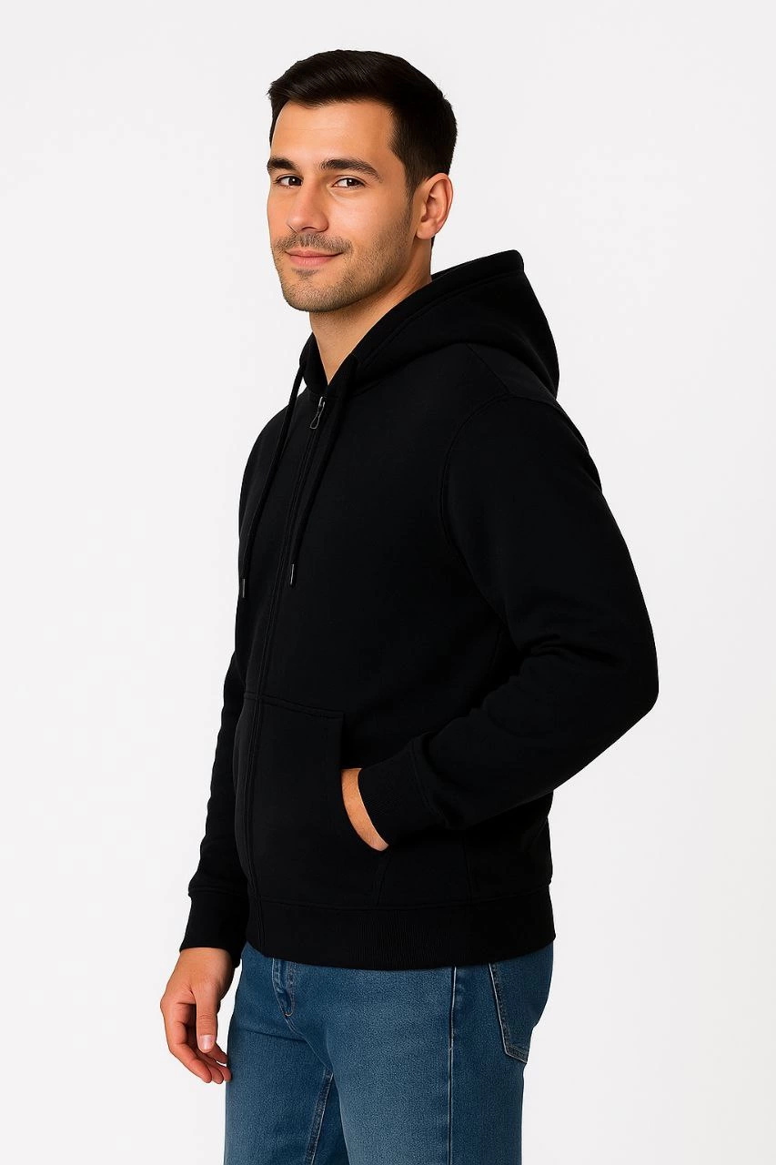 Üç İplik Kapüşonlu Tam Fermuarlı Kanguru Çepli SweatShirt Hoodie - Siyah -