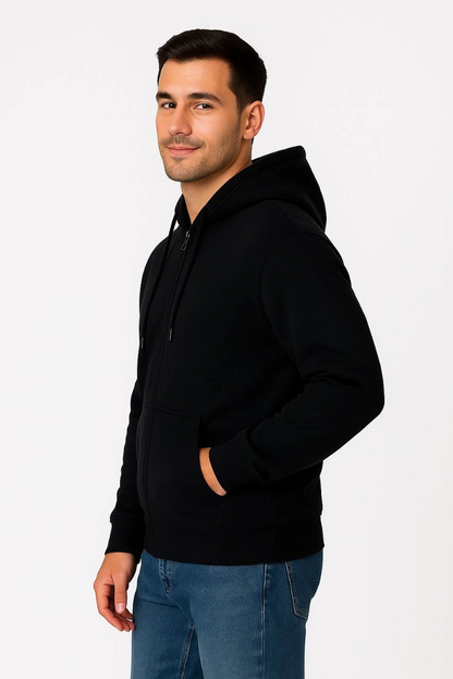 Üç İplik Kapüşonlu Tam Fermuarlı Kanguru Çepli SweatShirt Hoodie - Siyah -