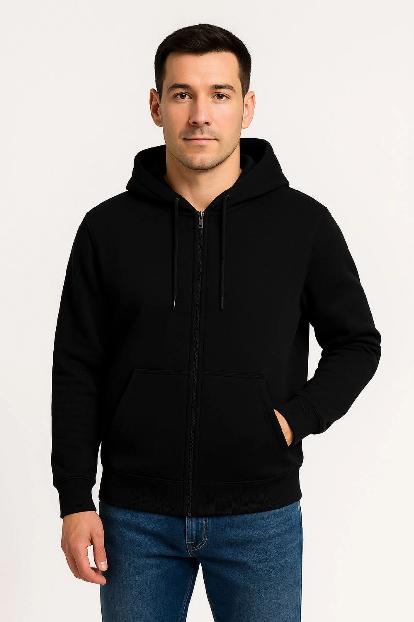 Üç İplik Kapüşonlu Tam Fermuarlı Kanguru Çepli SweatShirt Hoodie - Siyah -