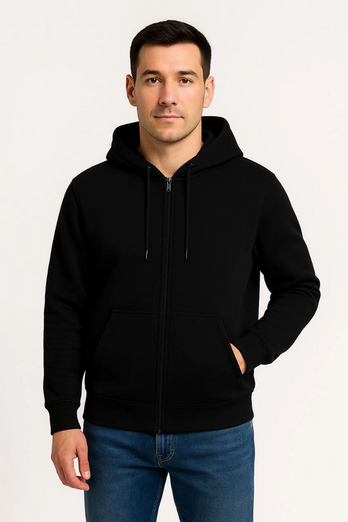 Üç İplik Kapüşonlu Tam Fermuarlı Kanguru Çepli SweatShirt Hoodie - Siyah -