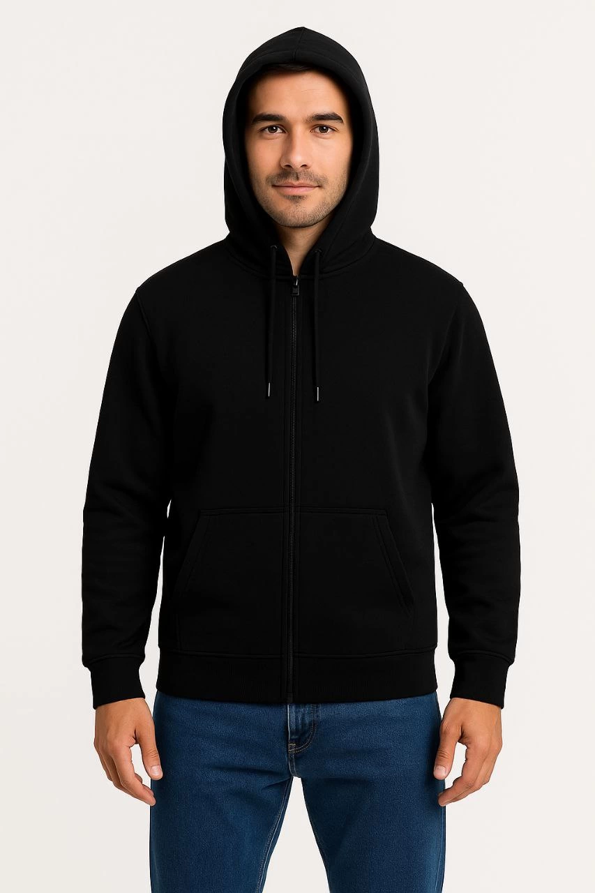 Üç İplik Kapüşonlu Tam Fermuarlı Kanguru Çepli SweatShirt Hoodie - Siyah -