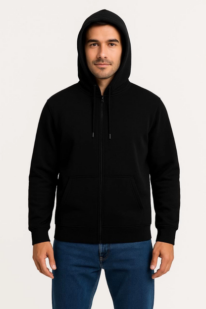 Üç İplik Kapüşonlu Tam Fermuarlı Kanguru Çepli SweatShirt Hoodie - Siyah -