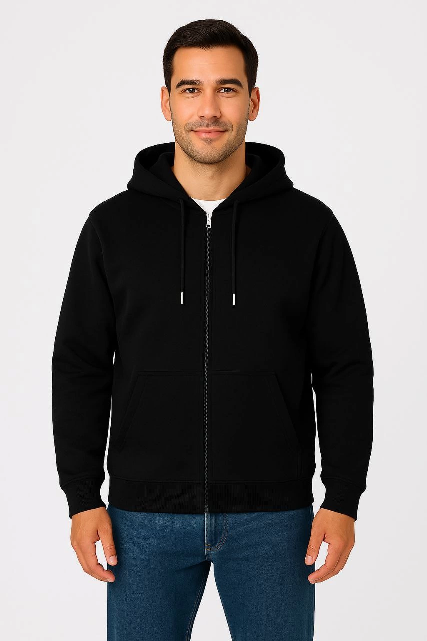 Üç İplik Kapüşonlu Tam Fermuarlı Kanguru Çepli SweatShirt Hoodie - Siyah -