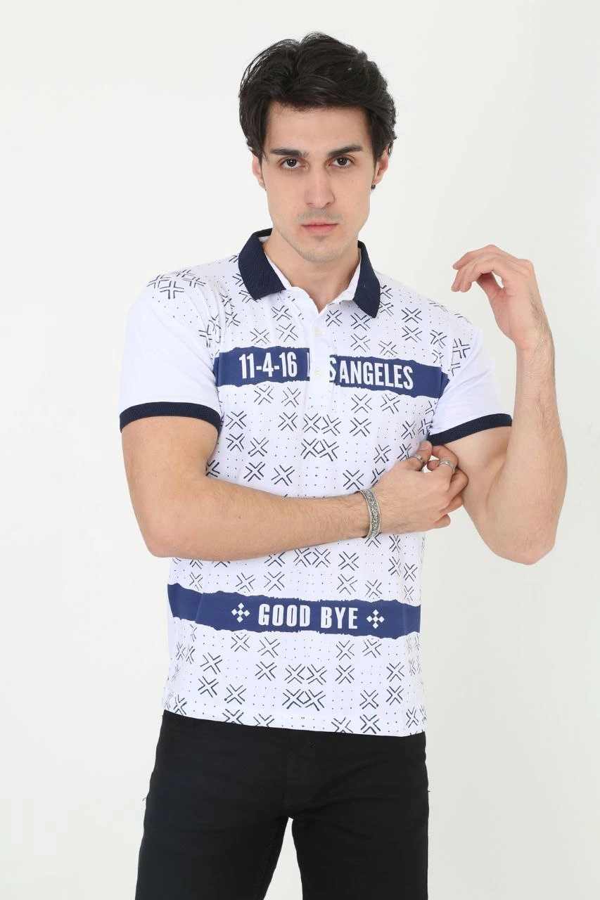 Yakalı Slim Fit Baskılı T-Shirt - Beyaz -